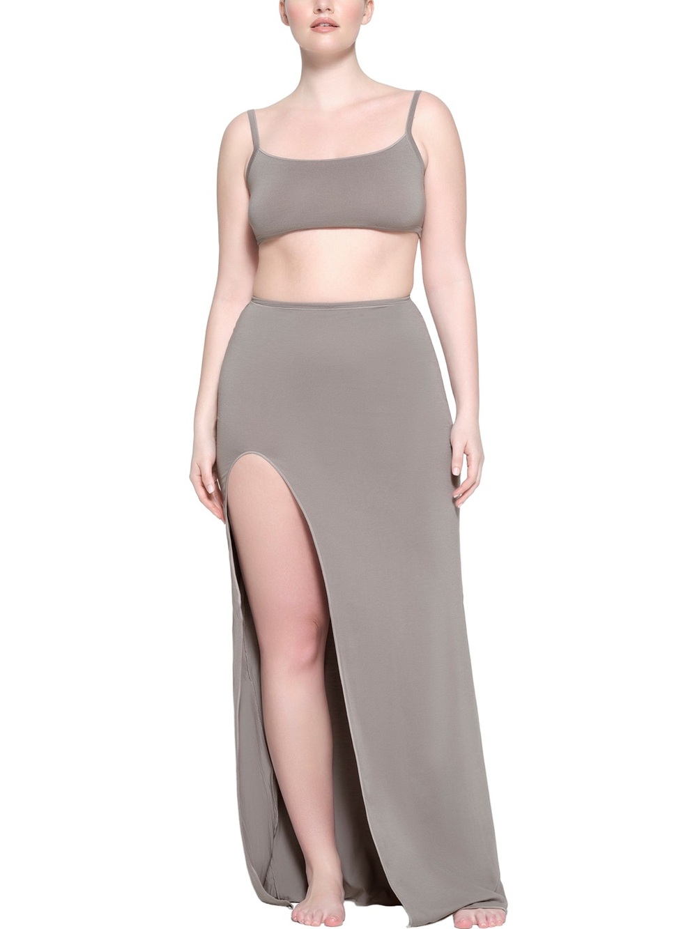 SKIMS Taupe High-Slit Maxi Skirt and cropped top